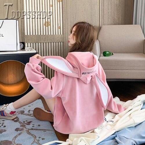 2019 Rabbit Ears Lining With Fluff Women Sweatshirt Hooded Autumn Winter Female Sweatshirts
