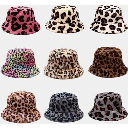 New Winter Leopard Print Faux Fur Women Outdoor Warm Hat Soft Fluffy Fisherman Bucket Hats