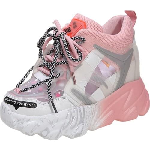 Womens Mesh Sneakers Wedge Hidden High Heel Shoes Sport Lace Up Sandals Cut Out Platform Casual Match Colors Breathable New 2021