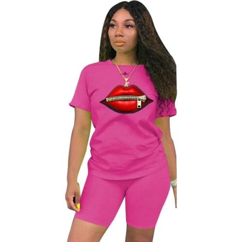 Summer Casual Outfits Women Fashion Solid Color Two Pieces Set Lip Print T-shirts Tight Sports Shorts Sweet Wear Tracksuits 2020
