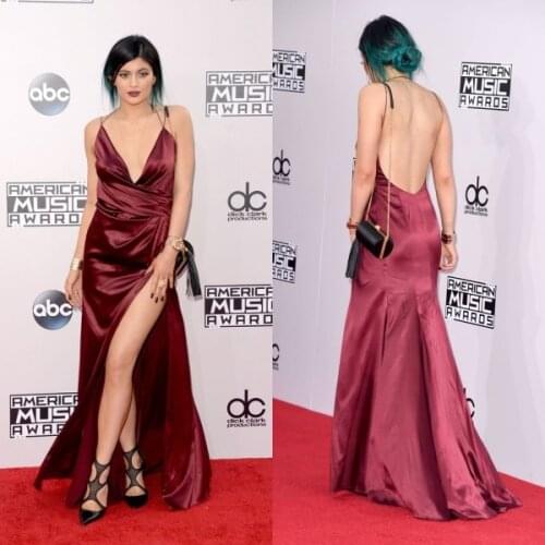 Long Sexy deep V-Neck Backless High Slit Prom Party Gown Red Carpet kylie jenner vestido de noiva Celebrity Dresses
