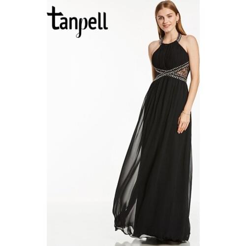 Tanpell halter evening dress sexy black floor length sleeveless a line dress cheap women beaded pleats party long evening dress