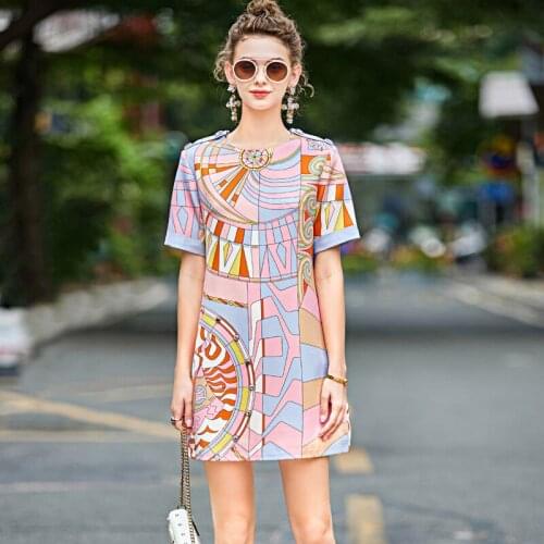DIDABOLE WomenS Mini Dress Summer New Designer High Quality Round Neck Print Fashion Diamond Vintage Elegant Party Dresses