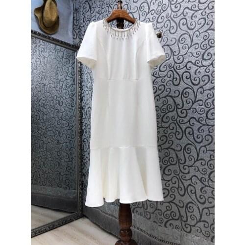Beading Tassel Dress 2021 Summer Elegant Party Women Back Bow Deco Short Sleeve Mid-Calf White Black Ruffle Dress Vestidos Mujer