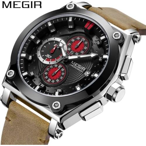 MEGIR Top Brand Luxury Mens Watches Male Clocks Date Sport Military Clock Leather Strap Chronograph Quartz Business Men Watch