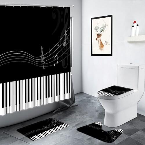 Black White Piano Key Shower Curtain Music Fashion Stripe Pattern Bathroom Decor Carpet Anti-slip Mat Toilet Cover Bath Mats Set