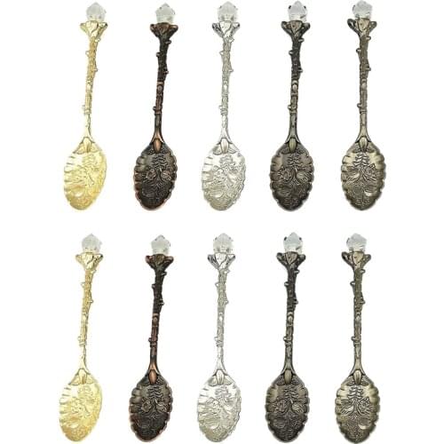 Hot YO-10 Pcs Retro Alloy Stereoscopic Coffee Spoons Decorative Teaspoon Dessert Spoons for Cafe Tableware