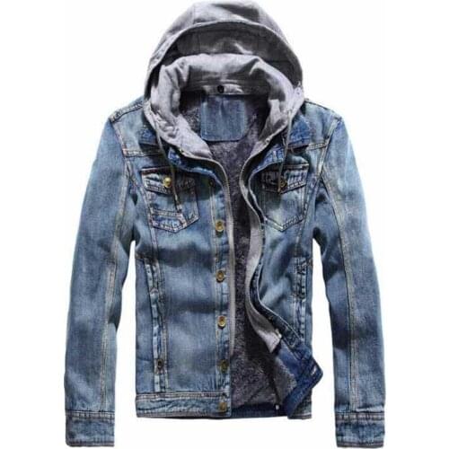 Men Autumn Winter Fleece Liner Thick Warm Hooded Cardigan Denim Coat Male Vintage Casual Long Sleeve Thermal Jeans Jacket Tops
