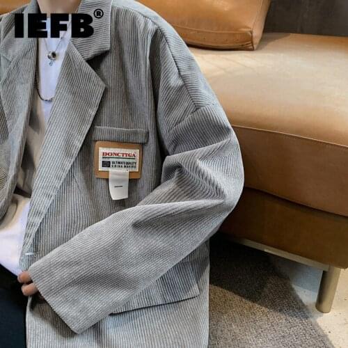 IEFB Corduroy Suit Coat Mens Loose Casual Jackcets 2021 Autumn New Label Design Single Breasted Korean Grey Blazer Male 9Y9475