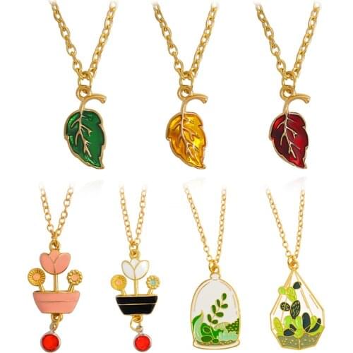 Red Yellow Green Leaf Pendant Necklace Potted flowers Green plant cactus with glass cover Enamel Fashion Necklace