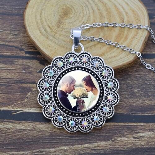 Custom Your Photo Logo Text Necklace Rhinestone Flower Shape Pendant Customized Jewelry for Men Women Personalized Gifts