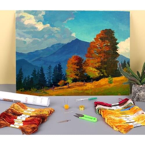 Landscape Warm Autumn Printed Canvas 11CT Cross Stitch Set DIY Embroidery DMC Threads Hobby Handicraft Craft Promotions