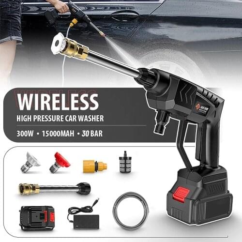 300W 0-15000mAh 30Bar Wireless High Pressure Car Washer Water Gun Portable Pressure Car Washing Machine For 18V Makita Battery