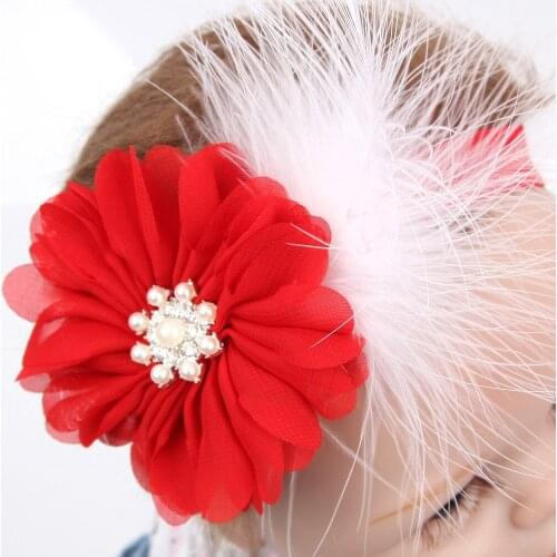8cm Christmas headband white feather red chiffon bow with pearl elastic FOE headband for Christmas wholesale