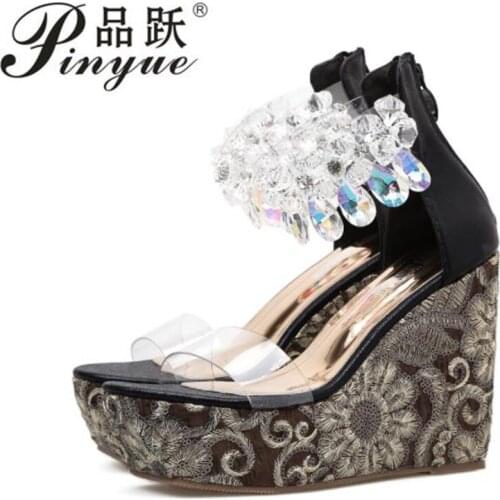 Fashion Retro High Heel Sandals Female Wedge Heel Waterproof Platform High Heels Women Rhinestone Embroidered Roman Beach Shoes