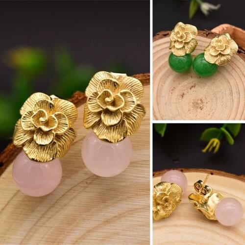 Natural Pink Crystal Green Stone Drop Stud Earrings For Women Girl Flower Wedding Earrings Handmade Jewellery Gift Party Fashion