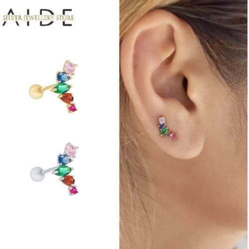 AIDE Trendy Raibow Color Zircon Stud Earrings For Women Geometric INS Piercing 925 Sterling Silver Earings Fine Jewelry brincos