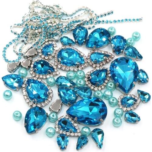 Wedding Decoration Teardrop LakeBlue Mix Size Glass Crystal Stones Pearl Beads Cup Chain Rim Rhinestones Sew On Clothing/Dress