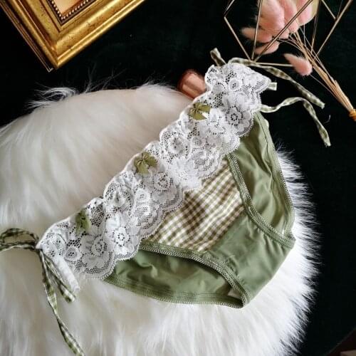 Japanese Ruffle Plaid Sexy Panties for Women Girl Cute Lace Ice Silk Underwear Bow Crotch Cotton Briefs Lingerie