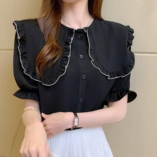 Women Doll Collar Solid Chiffon Kawaii Blouses and Shirts Summer 2021 New Korean Fashion Soft Blue Cute Tops Casual Ladies Chic