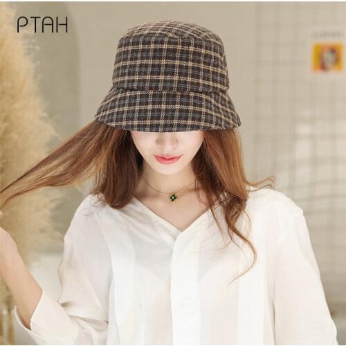 [PTAH] Plaid Tartan Bucket Hats for Women Vintage Wool Outdoor Fisherman Cap 2021 Autumn Winter Woolen Hats For Girls Warm Hats