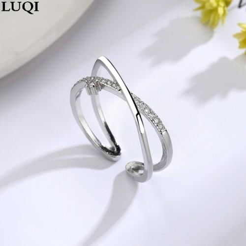 Fashion Womens S925 Silver Plated Platinum Micro-Inlaid Zircon Cross Cross Personality Temperament Opening Ring Gift YMD