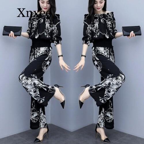 Set Top and Wide Leg Full Pants Floral Print Elegant Vintage Summer Women Sets Three Quarter Sleeve Elastic Slash Neck Women