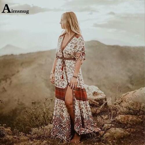 Bohemian Flower Print Sweet Dress For Women Leisure V Neck Short Sleeve Loose Party Dress 2021 New Patchwork Long Maxi Dresses