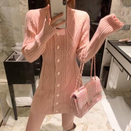 2021 Spring Autumn New Single-breasted Womens Buttons Cardigan Small Fragrance Wind Temperament Slim Was Thin Knit Mini Dress