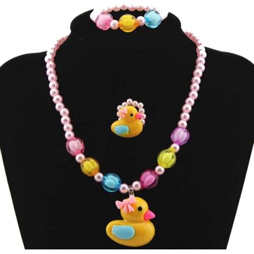 1Set=3pcs Imitation Pearl Beads little Cute Yellow Duck Necklace Bracelets rings Kids Children Jewelry Set for Xmas party Gift