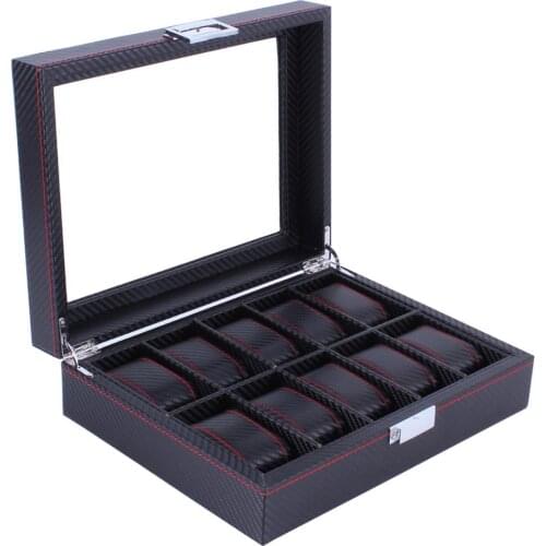 10 Grids Carbon Fibre Pattern Watch Box Watch Holder Organizer Storage Case Jewelry Display Rectangle Black Color Showcase GIFTS