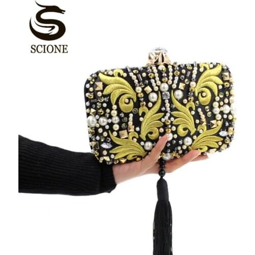 Luxury Pearl Beads Diamonds Gold Embroidery Clutch Bag Black Tassels Crystal Evening Bag Bridal Wedding Handbag with Chain Y636