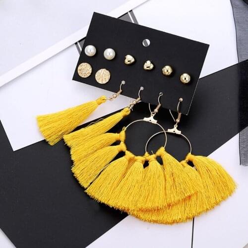 6 Pairs/Set Fashion Bohemian Yellow Tassel Big Earrings For Women Gold Heart Round Ball Stud Earring Set Mixed Female Jewelry