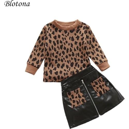 Blotona Stylish Girls Autumn 2Pcs Set Toddler Girl Long Sleeve Pullover Leopard Sweater Top Leather Skirt With Pockets 1-5Y