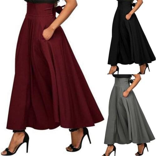 High Waist Pleated Back Bow Long Skirts Women Vintage Flared Full Skirt Swing Satin Skirt
