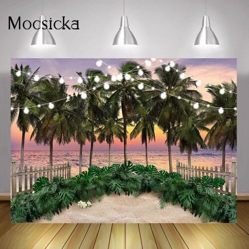 Summer Seaside Portrait Photography Backdrop Tropical Plam Trees Sunset Background Sea Beach Green Leaves Photoshoot Props