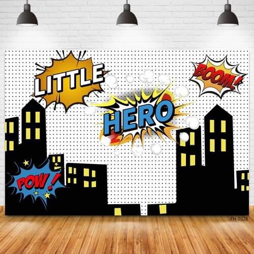 Custom Name Superhero Party Backdrop Baby Child Boys Birthday Photocall Cityscape Buildings Comics Poster Photography Background