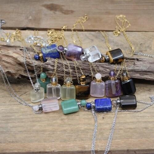 Smooth Rectangle Lapis Tiger eye Essential Oil Vial Pendant Necklaces Healing Crystal Quartz Perfume Bottle Charms Chains QC1083