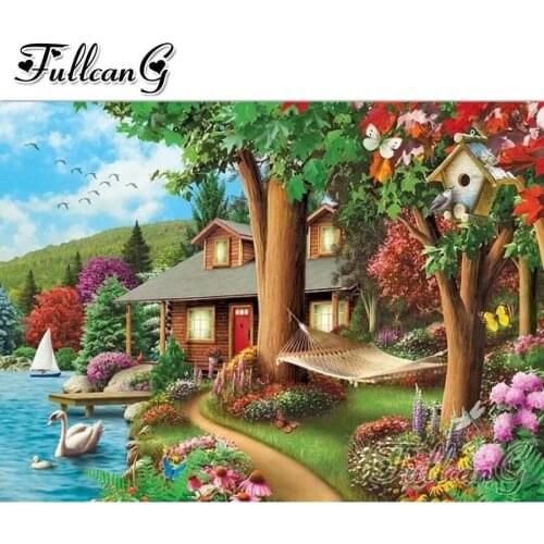 FULLCANG Forest cabin scenery 5d diy mosaic diamond painting full square round rhinestone embroidery sale home decor FC2750