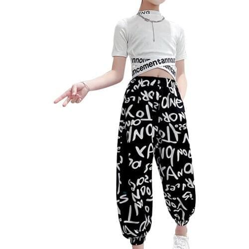 Girls 2 Pieces Outfit Hip Hop Dance Clothes Kids Letters Print Cross Crop Top T Shirt Pants Sweatpants Dance Wear Tracksuit Set