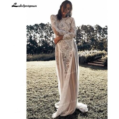Lace Long Sleeves Boho Wedding Dresses A-Line Deep V-Back Spandex Tulle Sweep Train Boat Neck Sexy Modern Beach robe de mariée