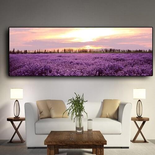 Lavender Sunset Nordic Landscape Posters and Prints Canvas Painting Flower Scandinavian Wall Art Picture for Living Room Decor