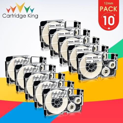 10PCS Mixed Set XR-12X XR-12WE Black on White Clear 12mm*8m Label Tape for Casio KL-60L KL 880 KL-100 KL-200 KL-2000 Printer