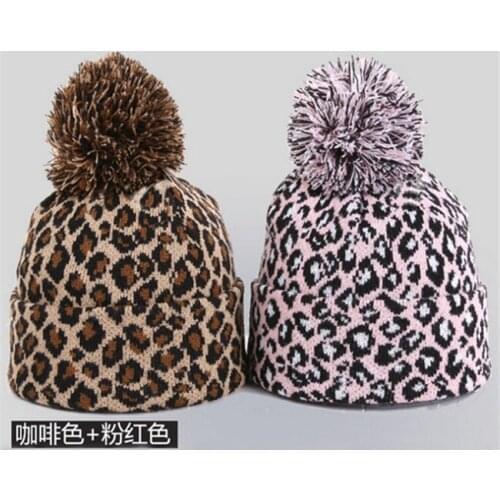 Leopard Man/Women Hip-hop Knitted Hat Winter Thicken Warm Caps Pompon Beanie Hat Fashion Caps Pink/Coffee