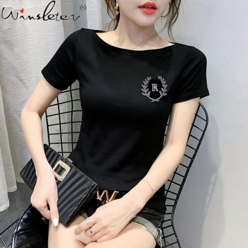 Summer European Style T-Shirt Fashion Slash Neck Diamonds Women Tops Cotton Slim All Match Bottoming Shirt Tees 2021 T14704A