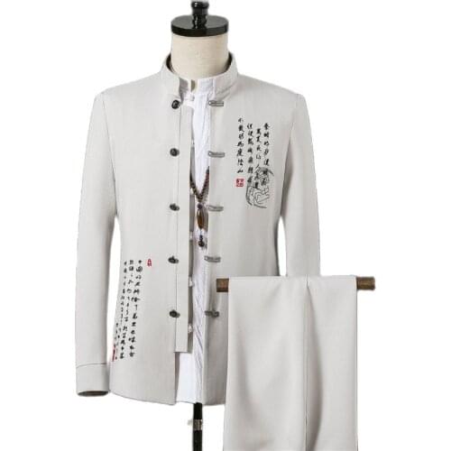 Fashion Embroidered Mens Suits Slim fit Men Blazer Jackets and Pants Classic Chinese Retro Style Stand Collar Suit for Man