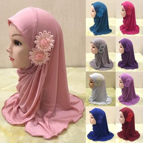 Muslim Girls Hijab Scarf with Flower Appliques Islamic Kids Plain Turban Head Wrap Shawls Elastic Kid Burqa for 2-7 Years Old