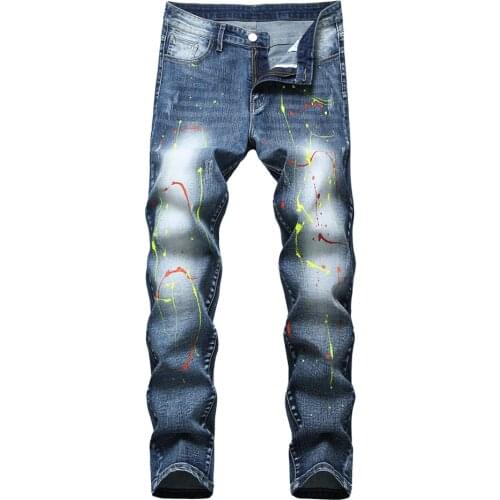 Mens Painted Stretch Denim Jeans Casual Slim Straight Pants Blue Scratched Trousers