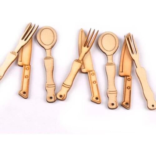 12Pcs Lovely Knife And Fork Combination Wood Crafts Handmade Sewing Accessories Home Decor Scrapbook Embellishmen For Kid M1737