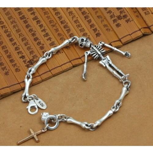 NEW! Thailand 925 Silver Skull Bracelet Vintage Sterling Silver Cross Skull Chain Bracelet Real Silver Skeleton Bracelet